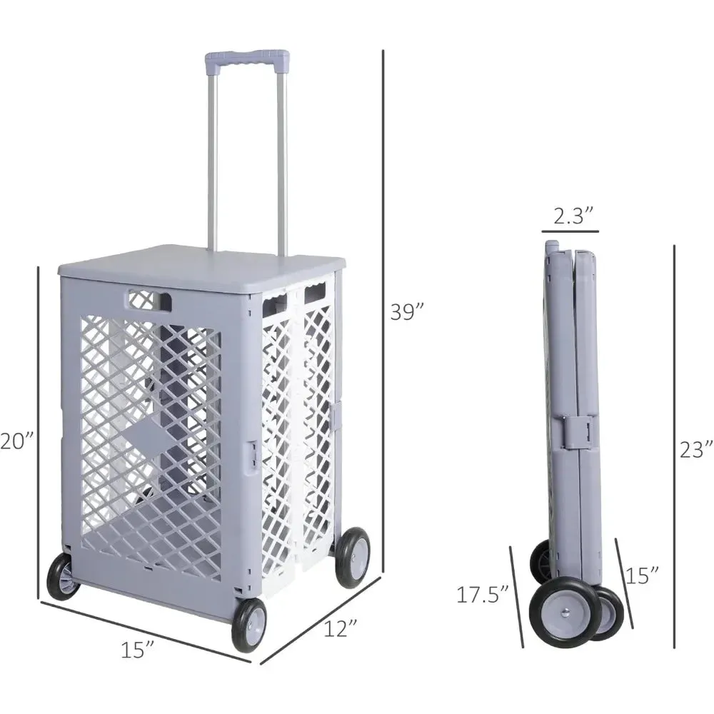 Foldable Utility Rolling Crate with lid Wheels - Portable Shopping Cart with Durable Heavy Duty Telescopic Handle