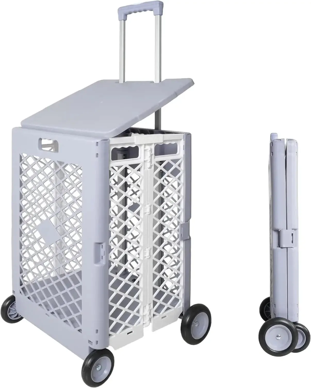 Foldable Utility Rolling Crate with lid Wheels - Portable Shopping Cart with Durable Heavy Duty Telescopic Handle
