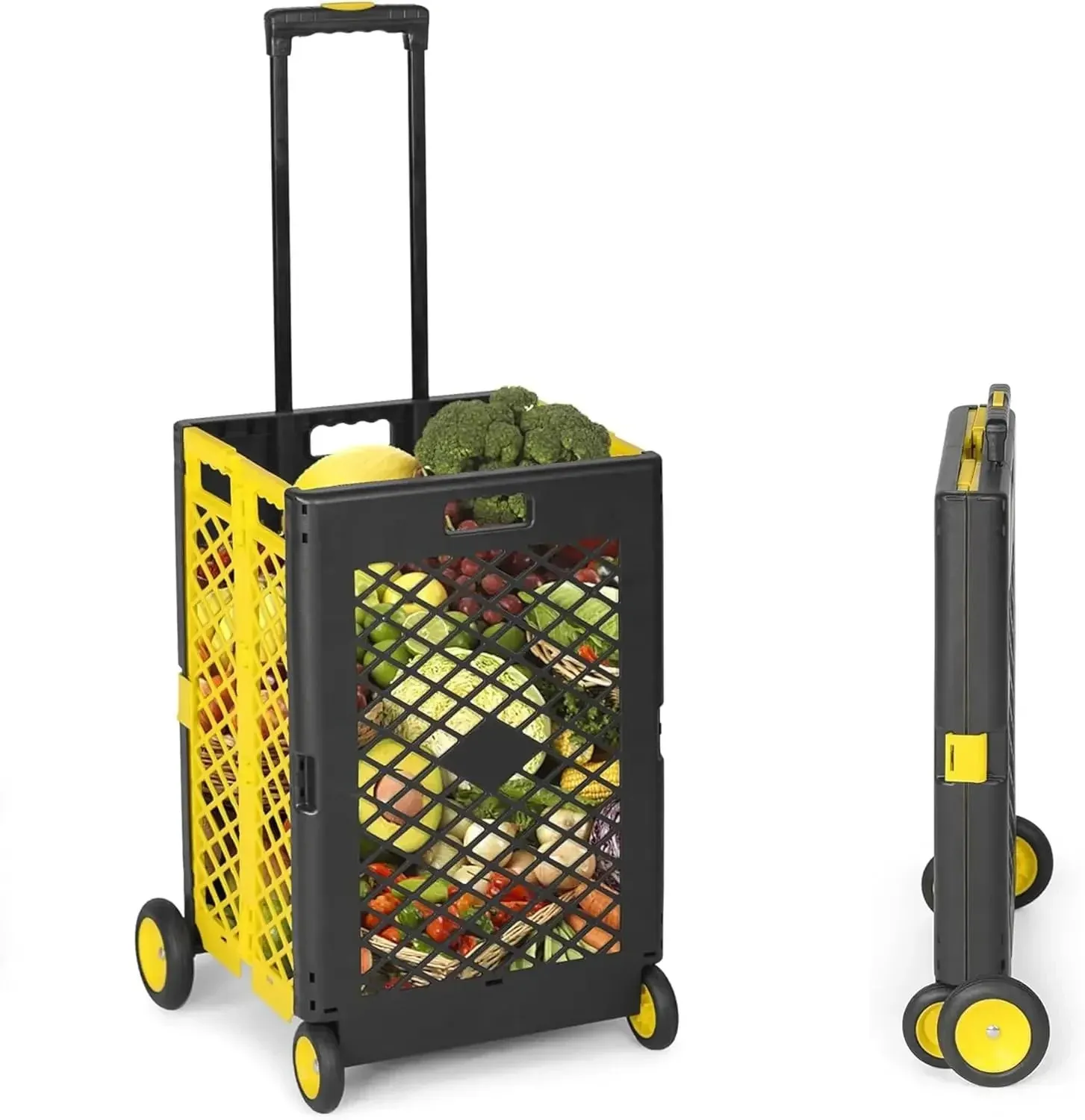Foldable Utility Rolling Crate with lid Wheels - Portable Shopping Cart with Durable Heavy Duty Telescopic Handle