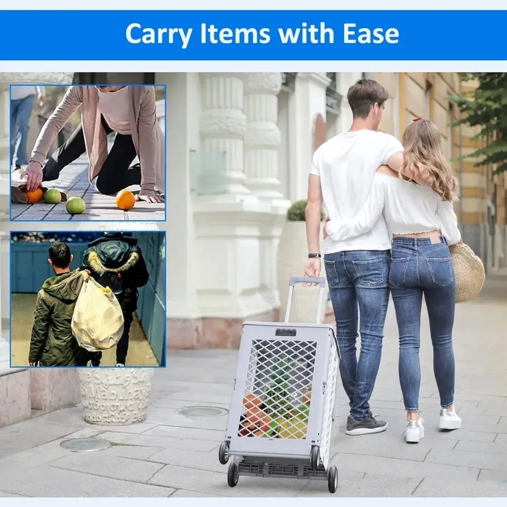 Foldable Utility Rolling Crate with lid Wheels - Portable Shopping Cart with Durable Heavy Duty Telescopic Handle
