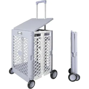 Foldable Utility Rolling Crate with lid Wheels - Portable Shopping Cart with Durable Heavy Duty Telescopic Handle