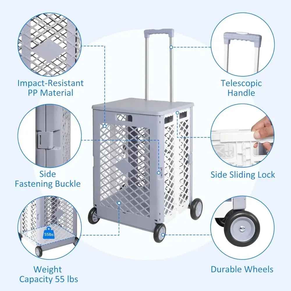 Foldable Utility Rolling Crate with lid Wheels - Portable Shopping Cart with Durable Heavy Duty Telescopic Handle