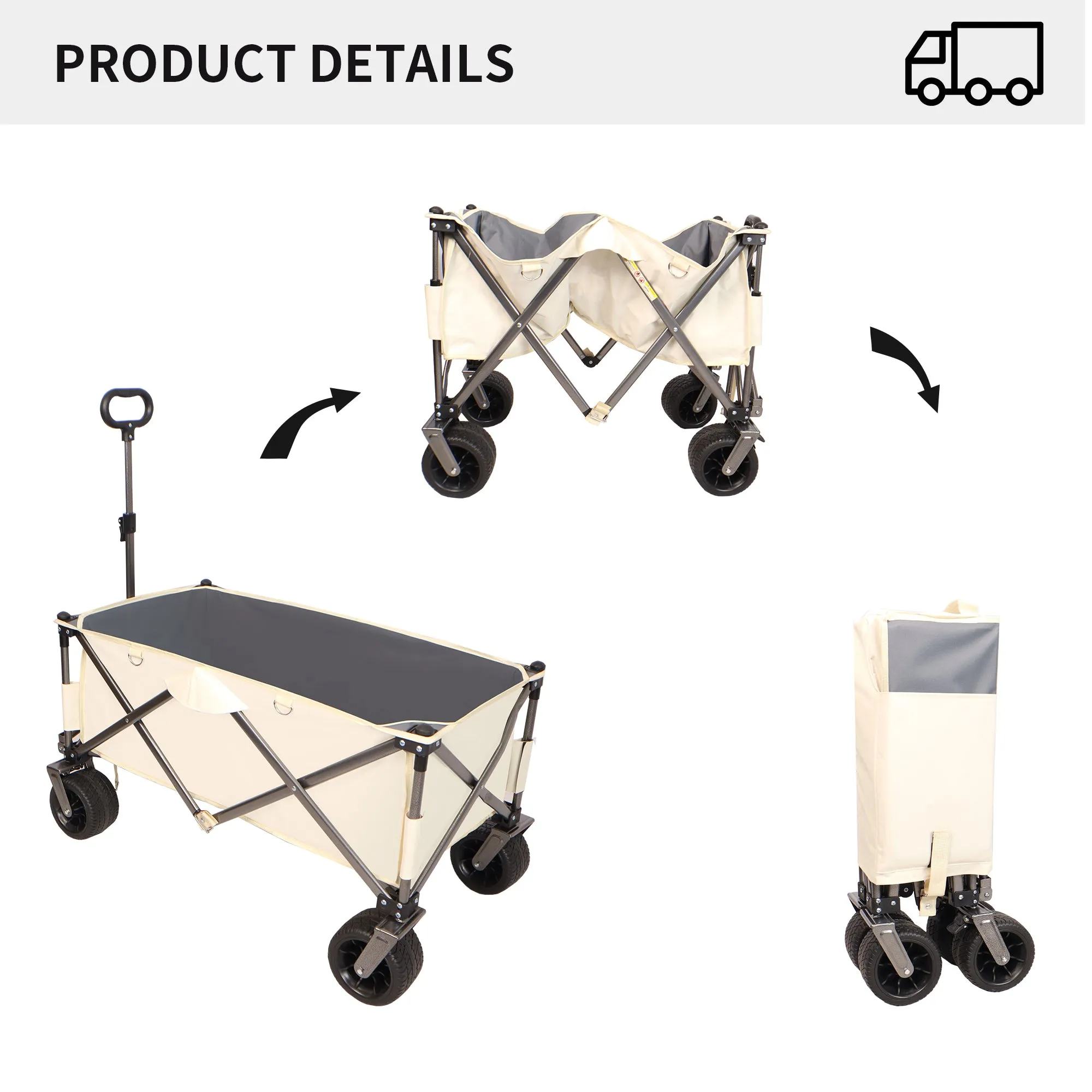 Folding Antique White   Gray Folding Utility Wagon Cart with All-Terrain Wheels