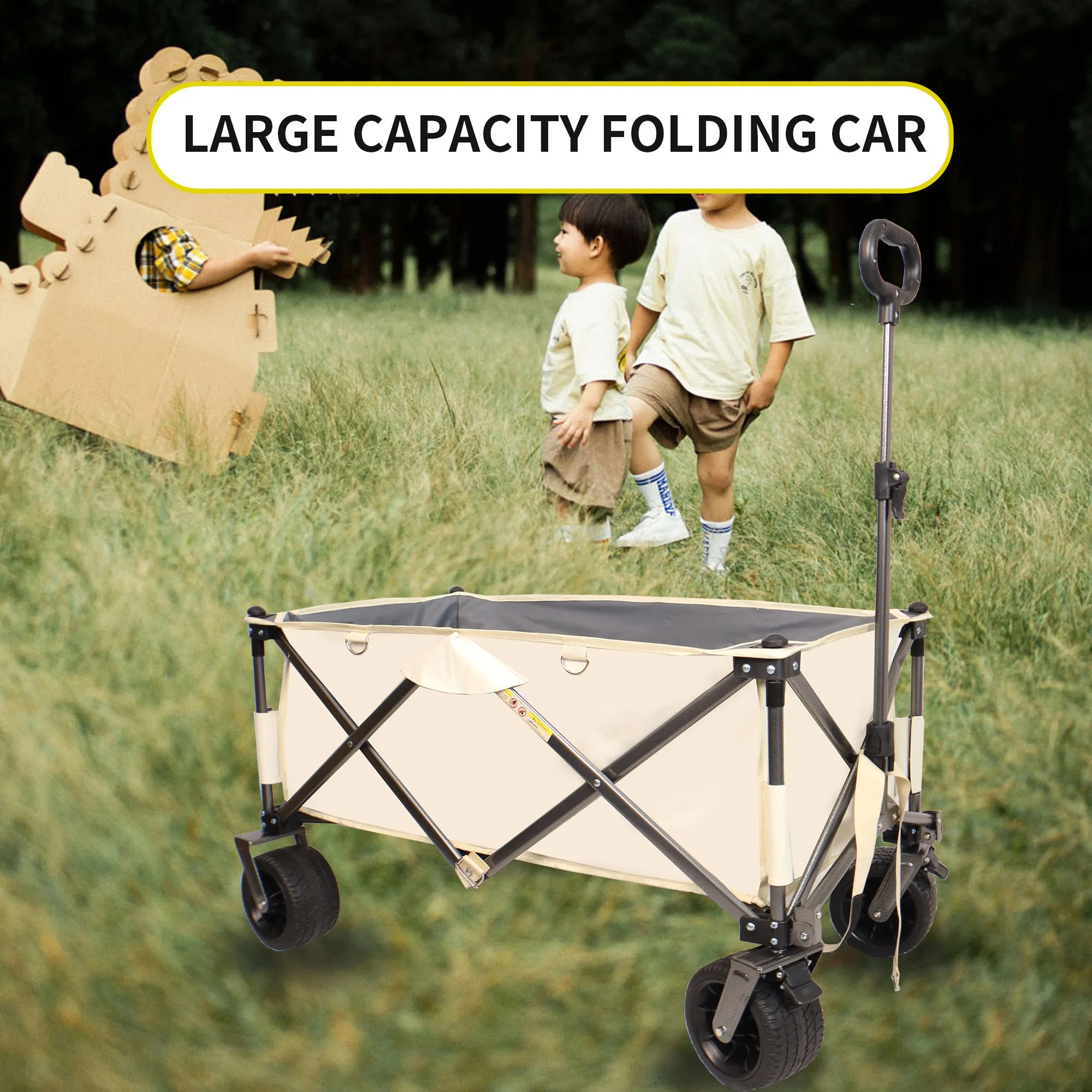 Folding Antique White   Gray Folding Utility Wagon Cart with All-Terrain Wheels