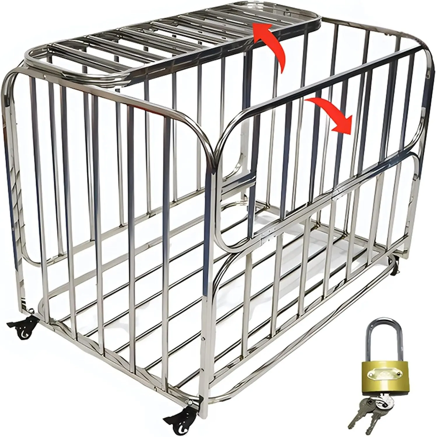 Folding Ball Cage Large, Lockable Hinge Cover Basketball Storage Hopper with Wheels for School Gym Garage, Heavy Duty Soccer Equipment Cart with Lids,L90*W70*H75CM