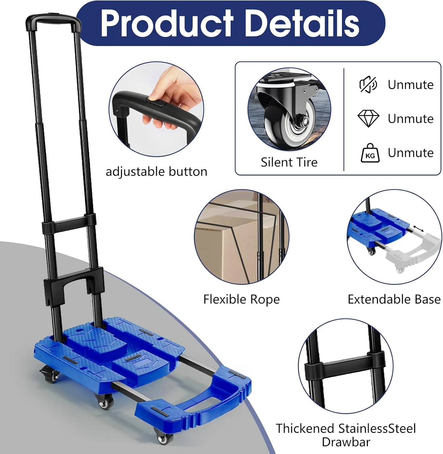 Folding Hand Truck 500lbs, Portable Heavy Duty Dolly Cart, 6 Wheels Collapsible Luggage Cart with 2 Elastic Ropes - Compact Trolley Cart for Easy Moving - Ideal Hand Cart for Travel and More
