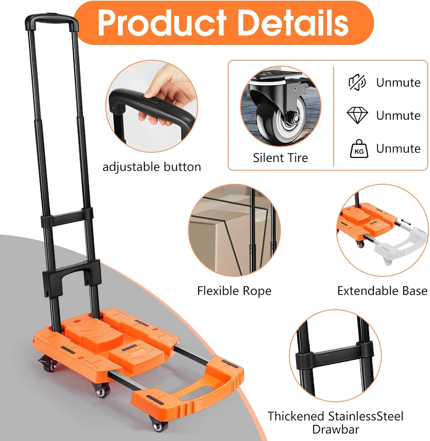 Folding Hand Truck500lbs, Portable Heavy Duty Dolly Cart, 6 Wheels Collapsible Luggage Cart with 2 Elastic Ropes - Compact Trolley Cart for Easy Moving - Ideal Hand Cart for Travel and More