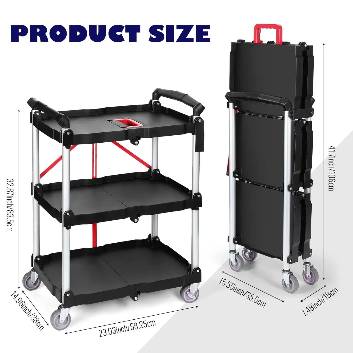 Folding Service Cart Heavy Duty 176 LBS w/ 360° Swivel Wheels Ergonomic Red Handle Foldable Utility Cart for Office Garage Home Kitchen Storage Collapsible Tool Cart