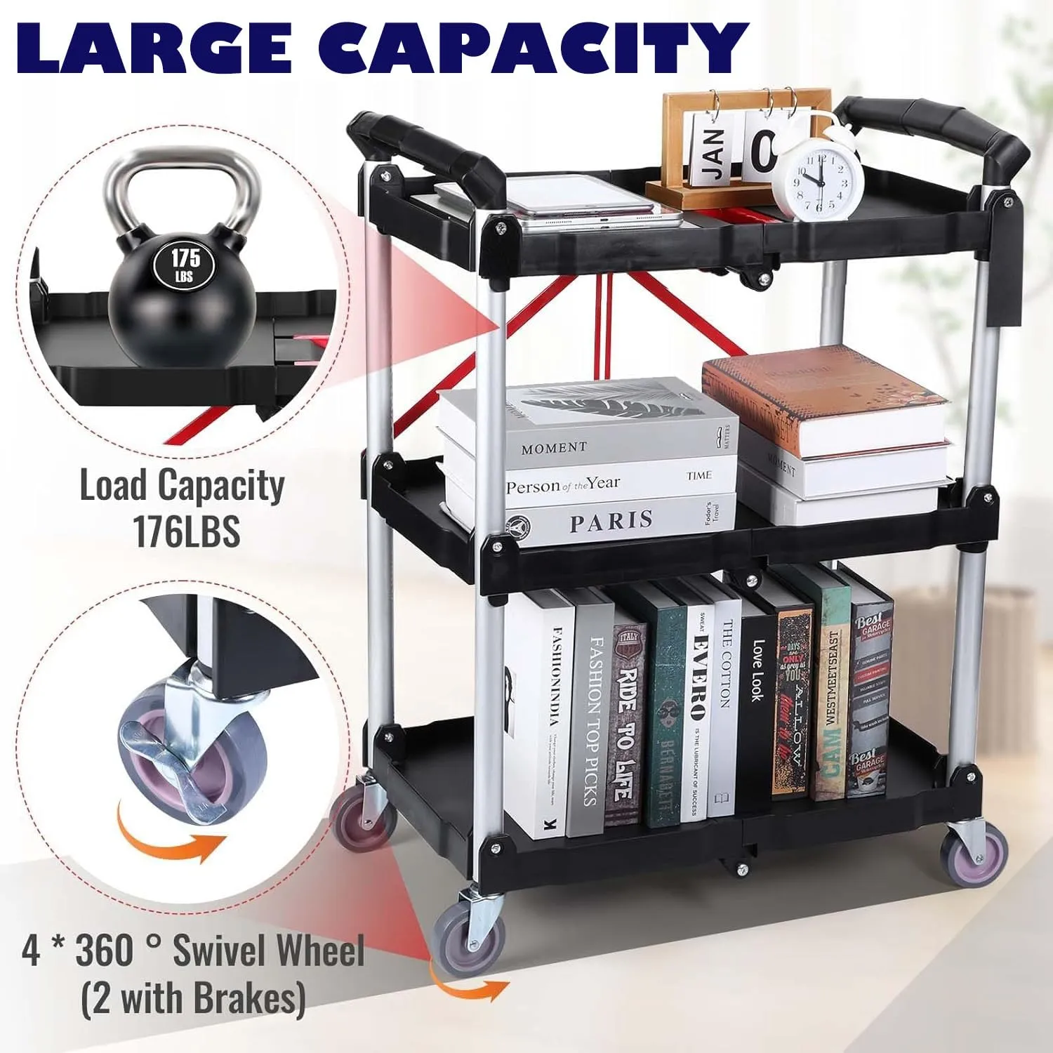 Folding Service Cart Heavy Duty 176 LBS w/ 360° Swivel Wheels Ergonomic Red Handle Foldable Utility Cart for Office Garage Home Kitchen Storage Collapsible Tool Cart