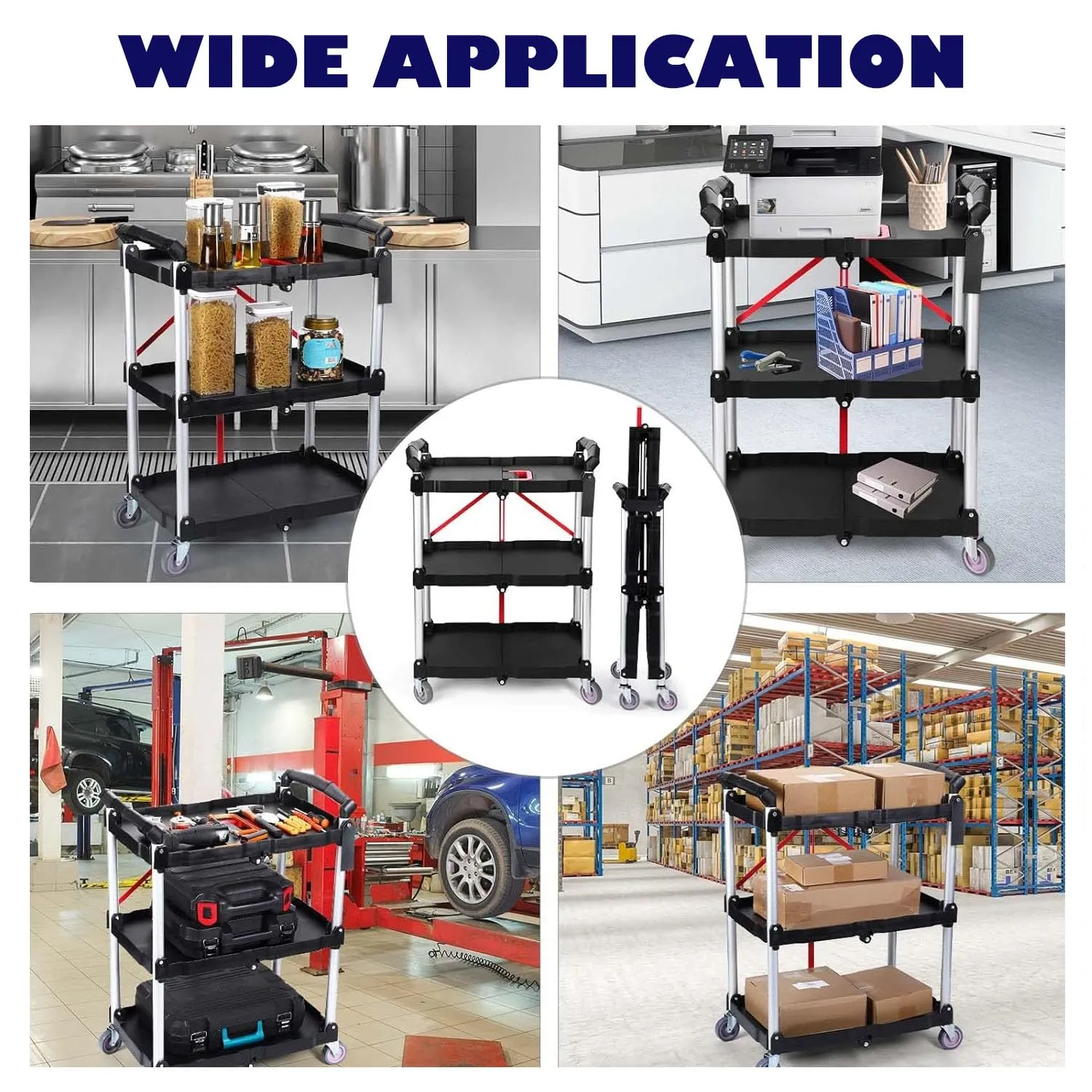 Folding Service Cart Heavy Duty 176 LBS w/ 360° Swivel Wheels Ergonomic Red Handle Foldable Utility Cart for Office Garage Home Kitchen Storage Collapsible Tool Cart