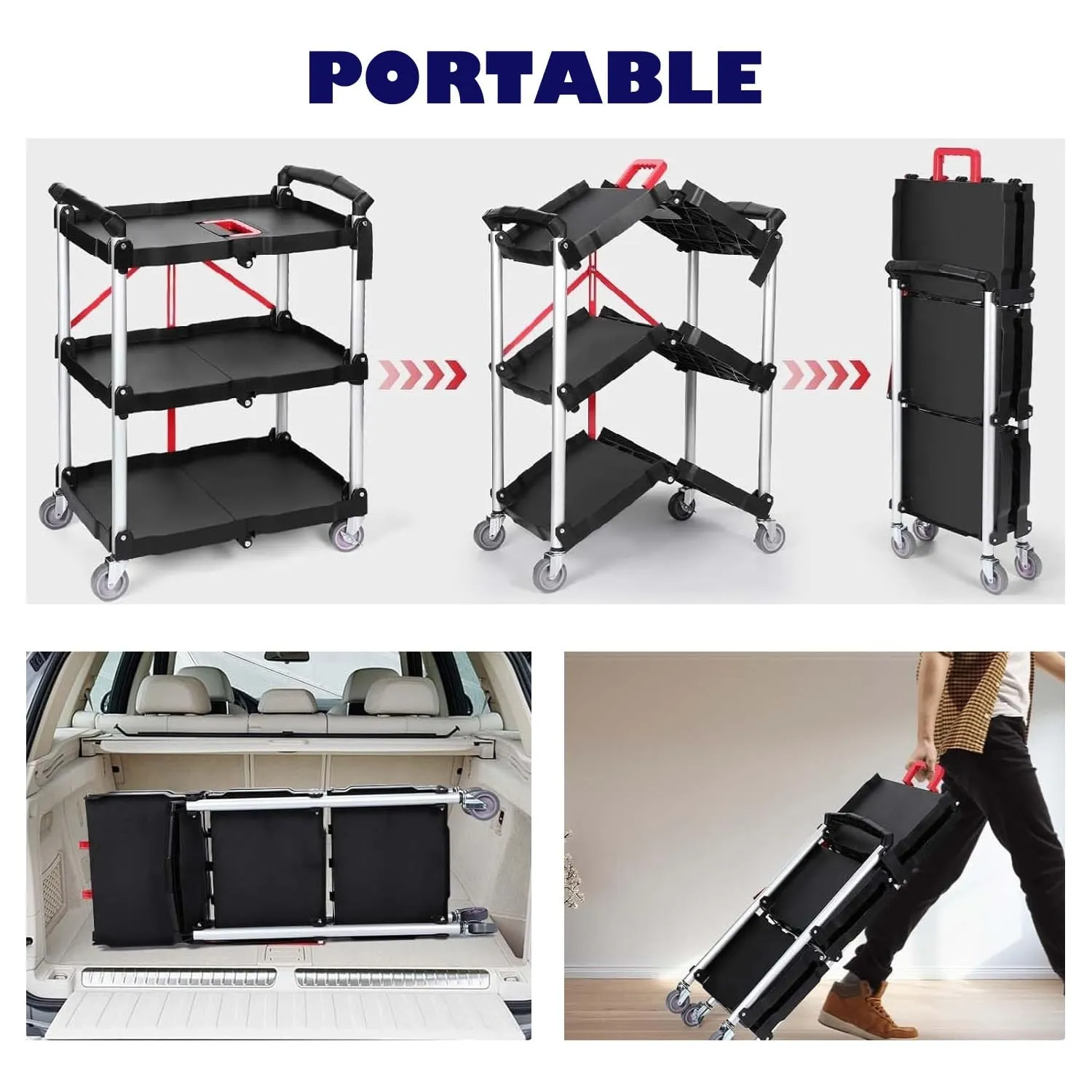 Folding Service Cart Heavy Duty 176 LBS w/ 360° Swivel Wheels Ergonomic Red Handle Foldable Utility Cart for Office Garage Home Kitchen Storage Collapsible Tool Cart