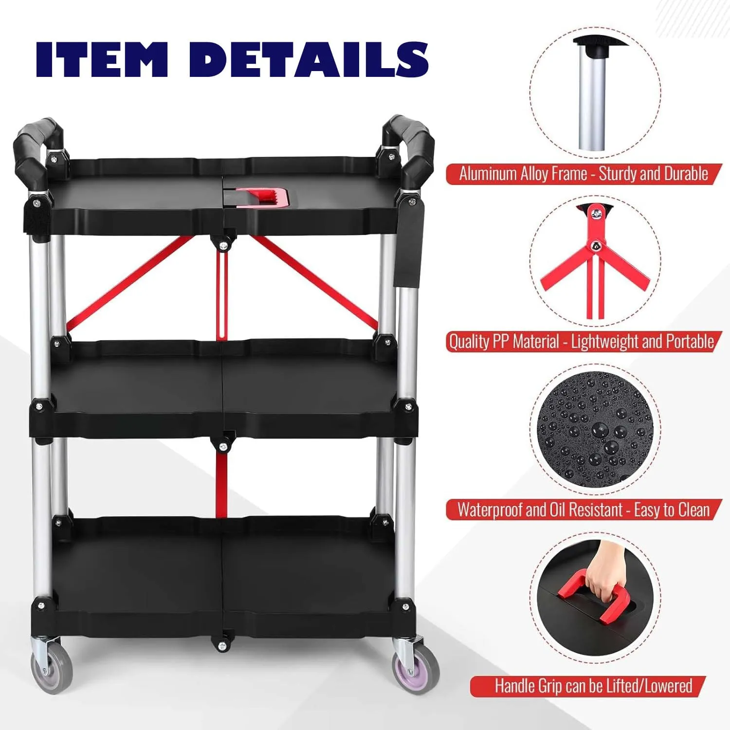 Folding Service Cart Heavy Duty 176 LBS w/ 360° Swivel Wheels Ergonomic Red Handle Foldable Utility Cart for Office Garage Home Kitchen Storage Collapsible Tool Cart