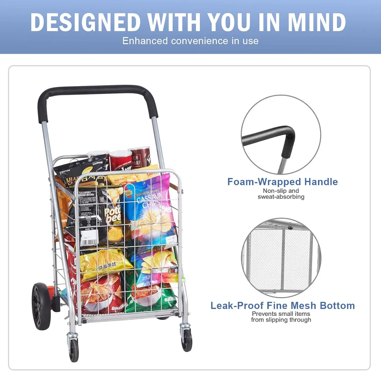 Folding Shopping Car for Groceries, 110 lbs Capacity Grocery Cart with 360° Rolling Swivel Wheels, Foldable Laundry Basket Trolley Compact Lightweight Collapsible for Luggage, Silver