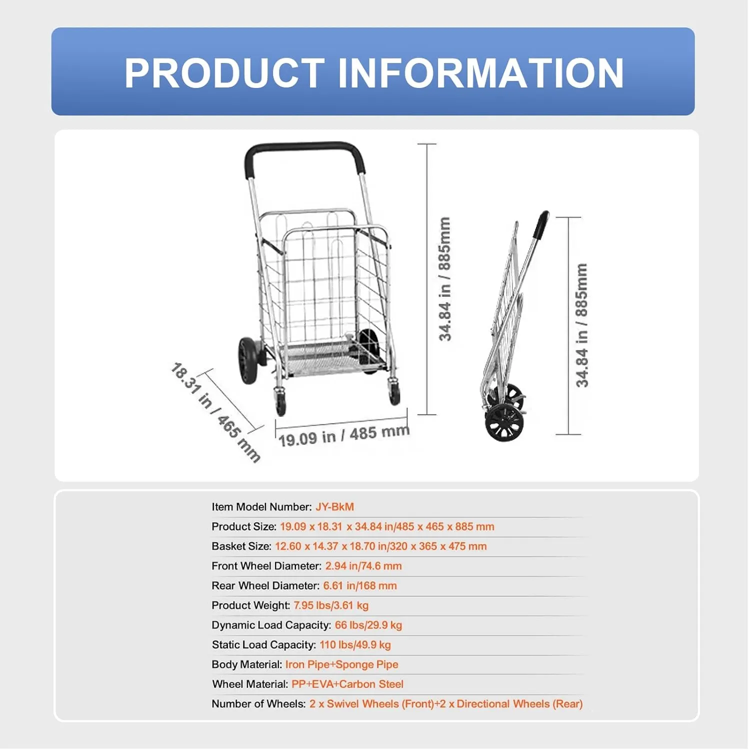 Folding Shopping Car for Groceries, 110 lbs Capacity Grocery Cart with 360° Rolling Swivel Wheels, Foldable Laundry Basket Trolley Compact Lightweight Collapsible for Luggage, Silver
