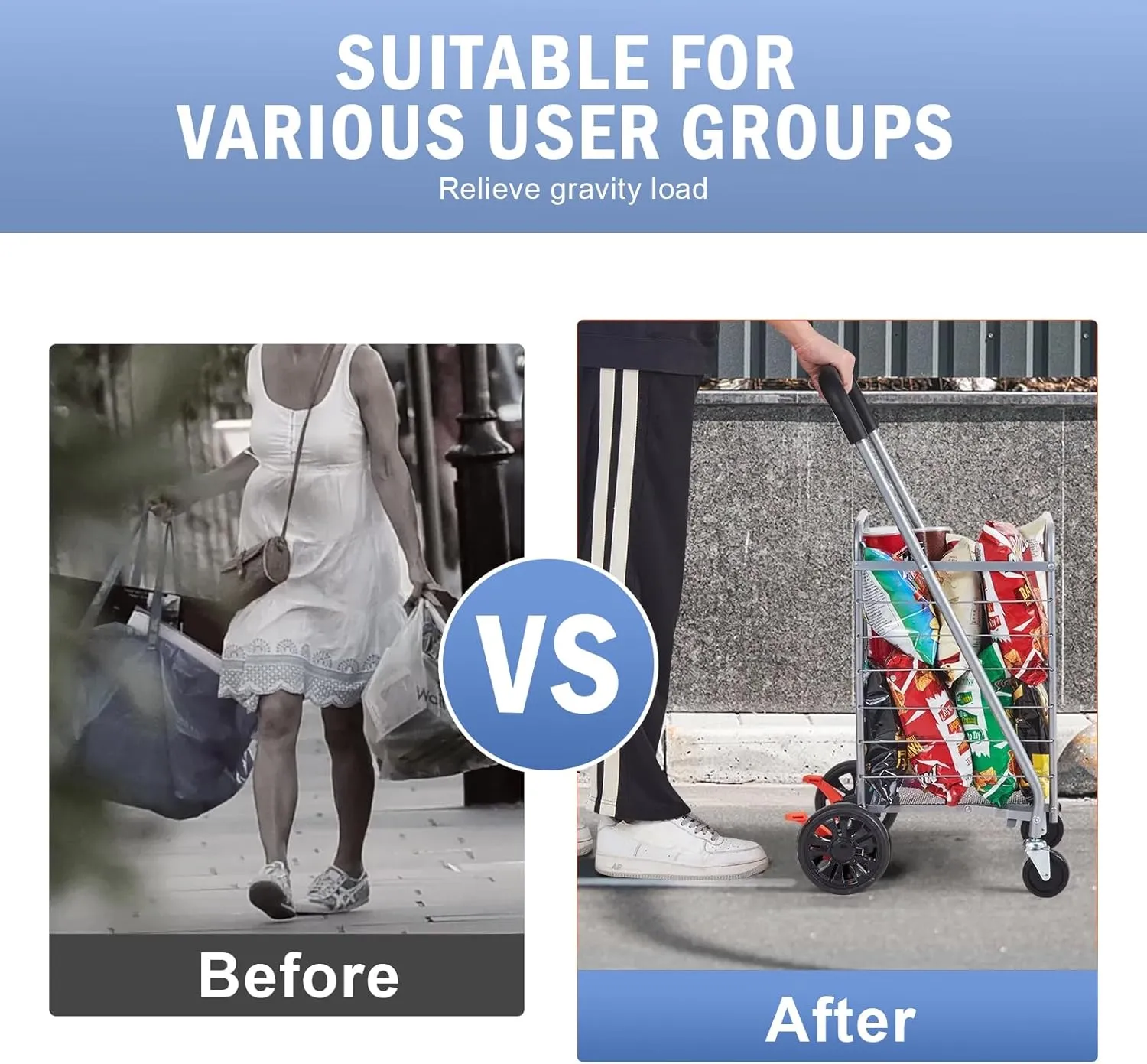 Folding Shopping Car for Groceries, 110 lbs Capacity Grocery Cart with 360° Rolling Swivel Wheels, Foldable Laundry Basket Trolley Compact Lightweight Collapsible for Luggage, Silver
