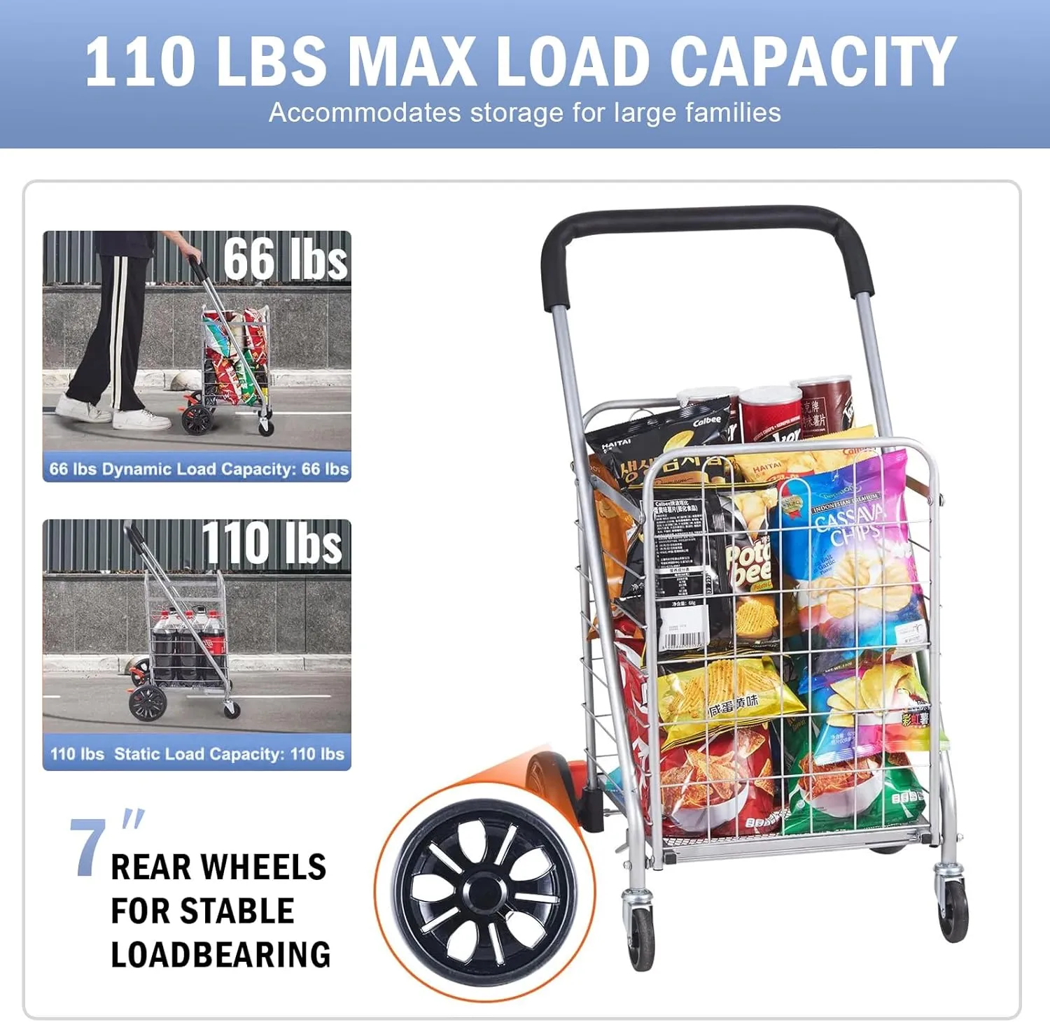 Folding Shopping Car for Groceries, 110 lbs Capacity Grocery Cart with 360° Rolling Swivel Wheels, Foldable Laundry Basket Trolley Compact Lightweight Collapsible for Luggage, Silver