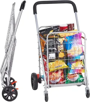 Folding Shopping Car for Groceries, 110 lbs Capacity Grocery Cart with 360° Rolling Swivel Wheels, Foldable Laundry Basket Trolley Compact Lightweight Collapsible for Luggage, Silver