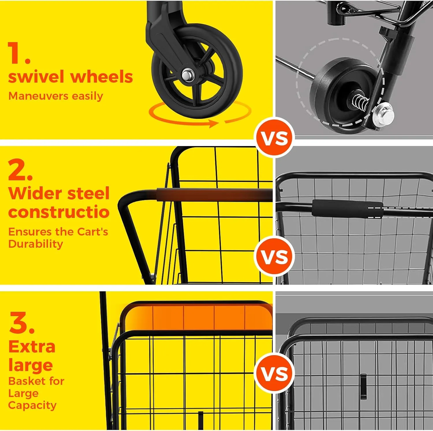 Folding Shopping Cart with 360° Swivel Wheels, 220LBS Large Capacity Jumbo Grocery Cart, Dense Metal Mesh Base, Heavy Duty Utility Cart for Shopping, Groceries, Luggage, Laundry（Large）
