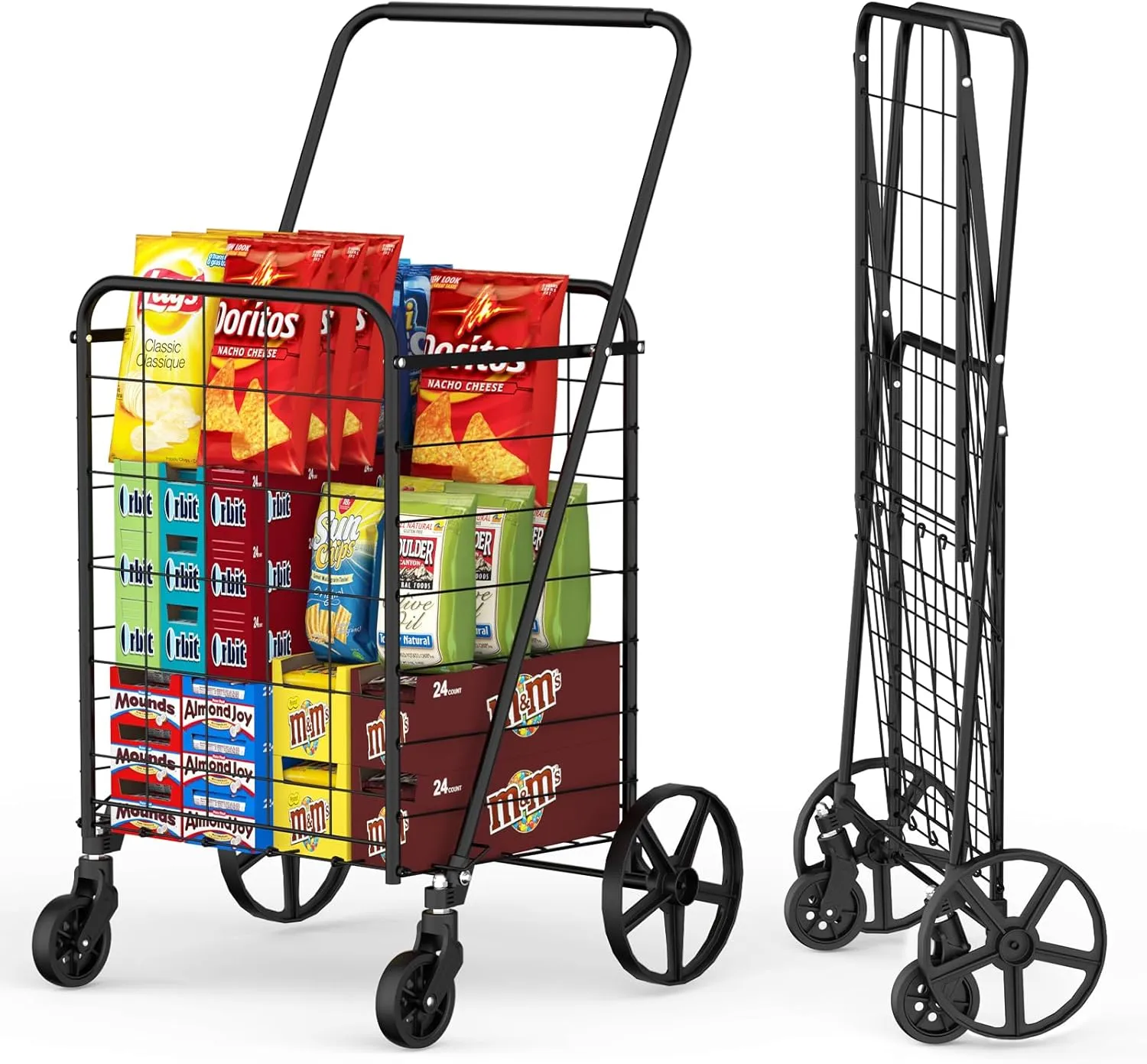 Folding Shopping Cart with 360° Swivel Wheels, 220LBS Large Capacity Jumbo Grocery Cart, Dense Metal Mesh Base, Heavy Duty Utility Cart for Shopping, Groceries, Luggage, Laundry（Large）