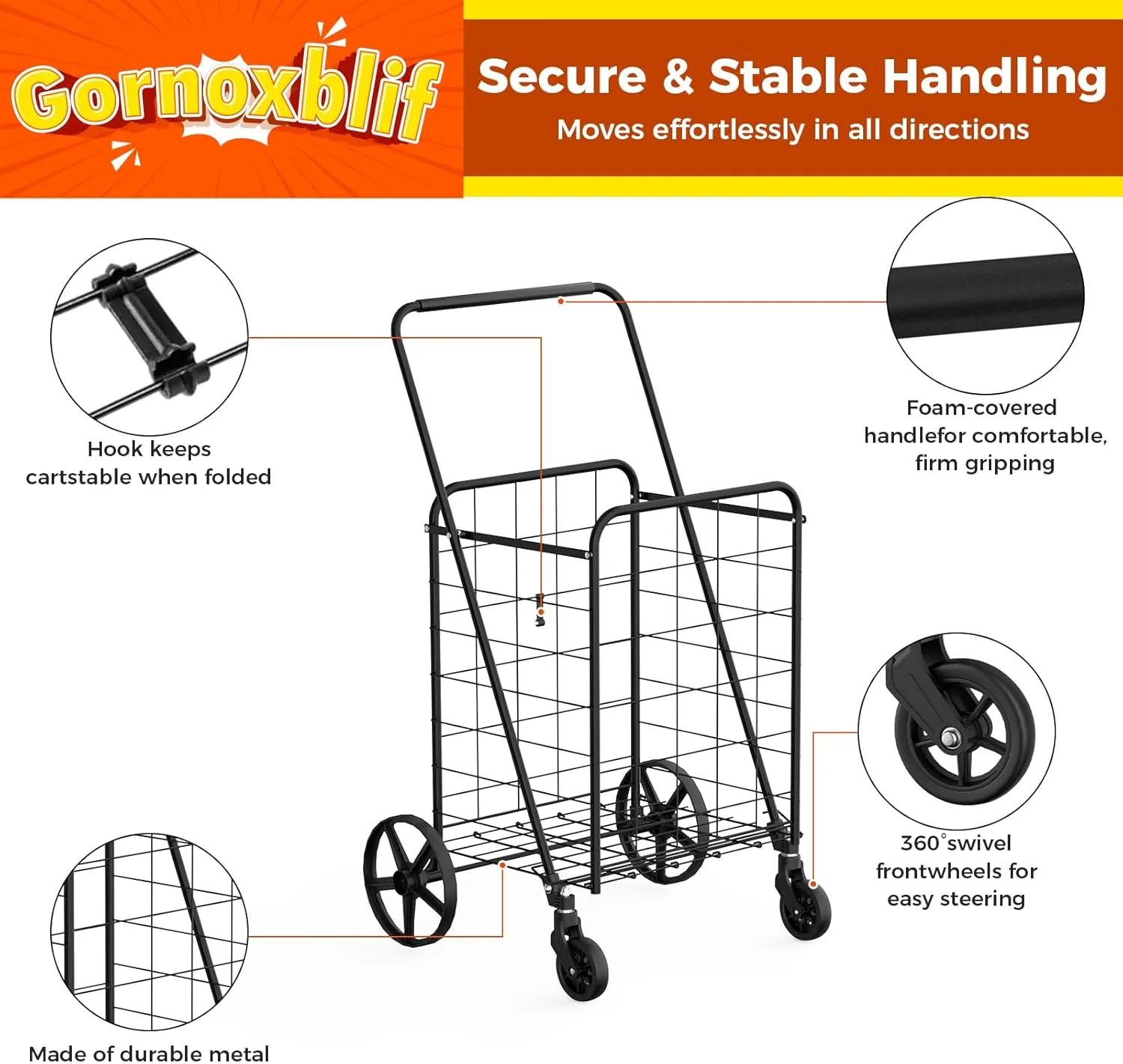 Folding Shopping Cart with 360° Swivel Wheels, 220LBS Large Capacity Jumbo Grocery Cart, Dense Metal Mesh Base, Heavy Duty Utility Cart for Shopping, Groceries, Luggage, Laundry（Large）