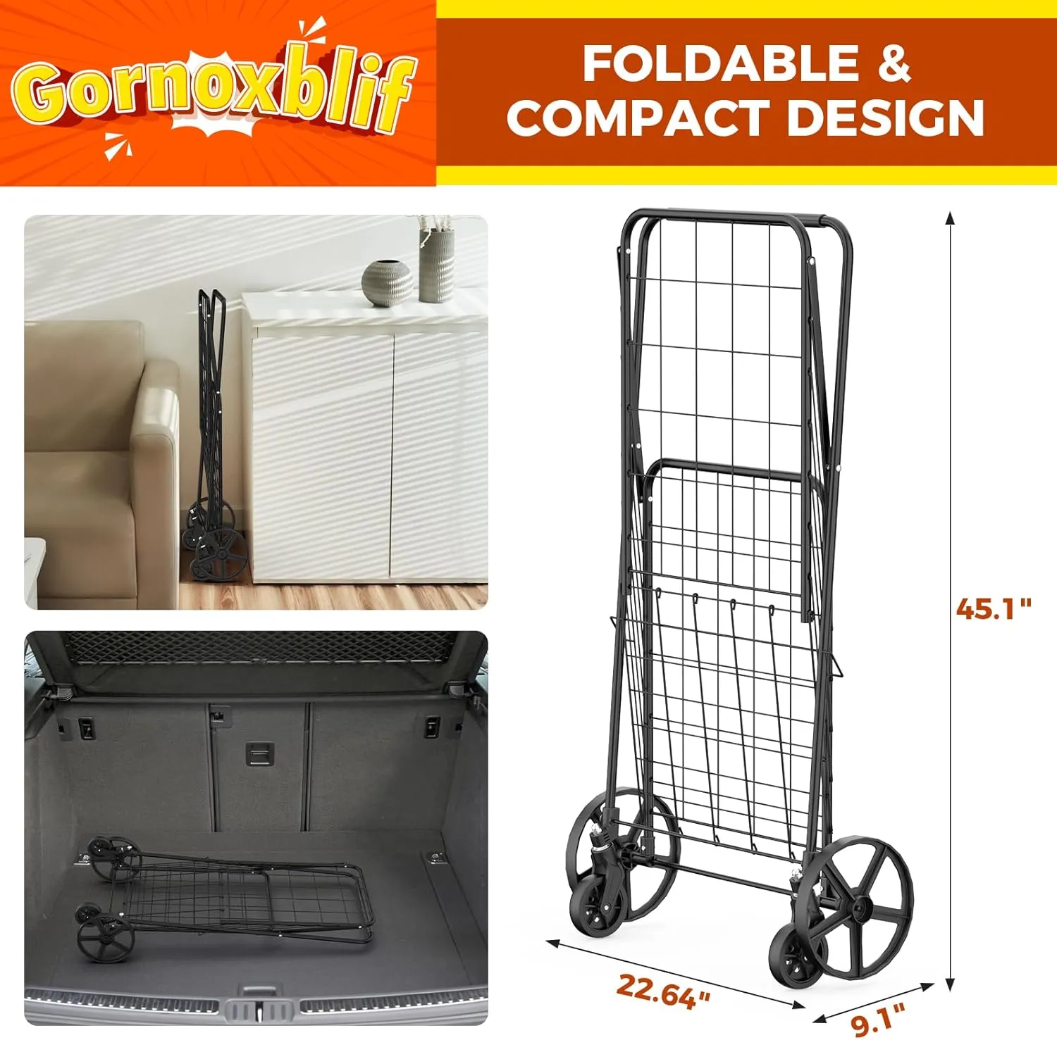 Folding Shopping Cart with 360° Swivel Wheels, 220LBS Large Capacity Jumbo Grocery Cart, Dense Metal Mesh Base, Heavy Duty Utility Cart for Shopping, Groceries, Luggage, Laundry（Large）