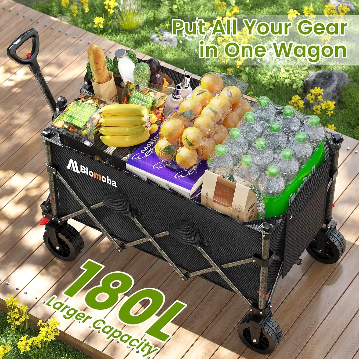 Folding Wagon Cart with Wheels, 180L 330LBS Heavy Duty Utility Wagon, Beach Wagon with All-Terrain Wheels, Portable Grocery Wagon for Camping, Shopping, Garden, Sports, Black