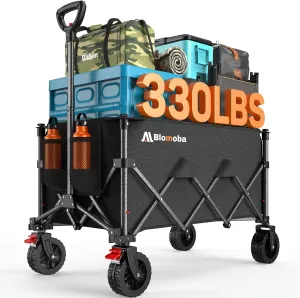 Folding Wagon Cart with Wheels, 180L 330LBS Heavy Duty Utility Wagon, Beach Wagon with All-Terrain Wheels, Portable Grocery Wagon for Camping, Shopping, Garden, Sports, Black