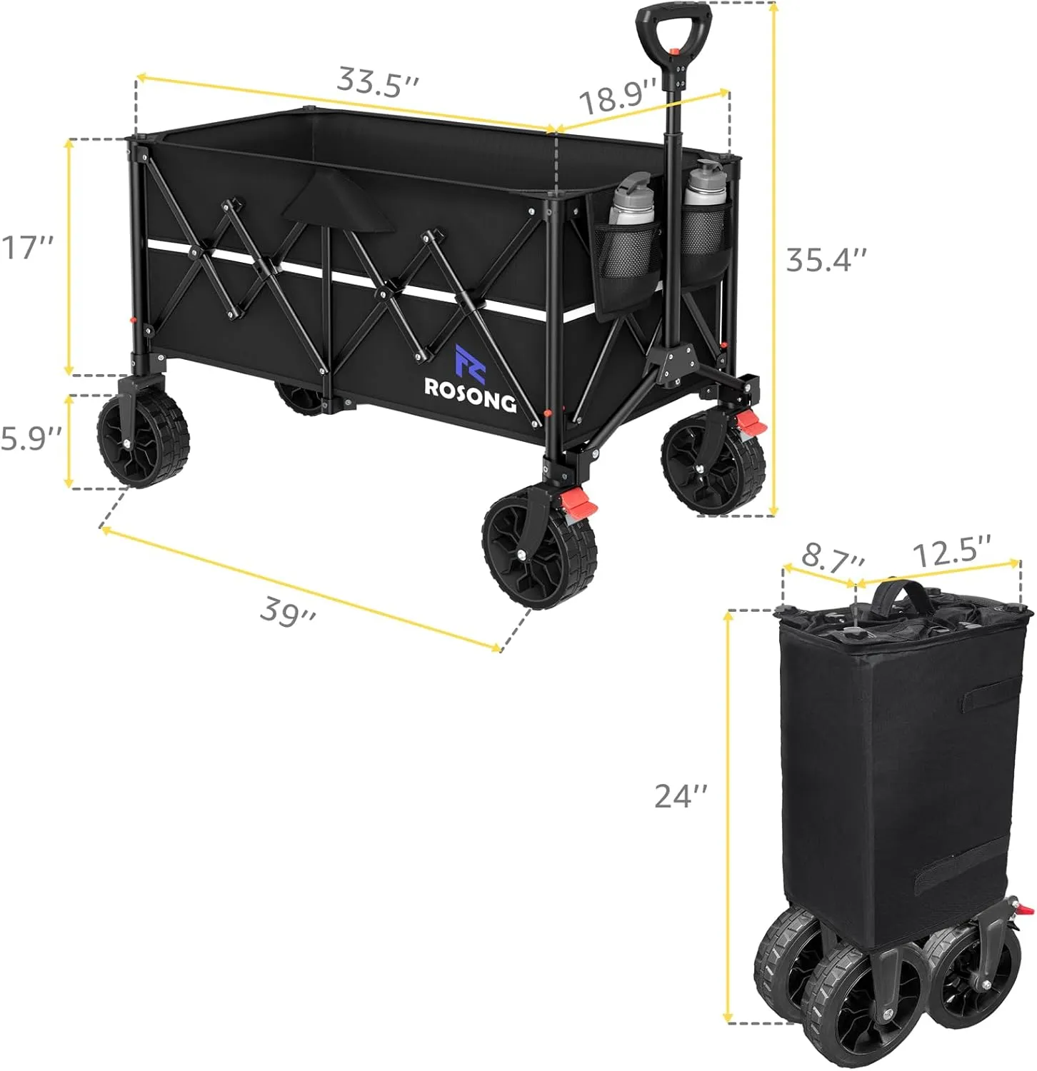 Folding Wagon Cart with Wheels Foldable - Collapsible Wagons Carts Heavy Duty, Fold Up Portable Utility Wagon for Grocery Beach Sports Fishing Camping Shopping Black