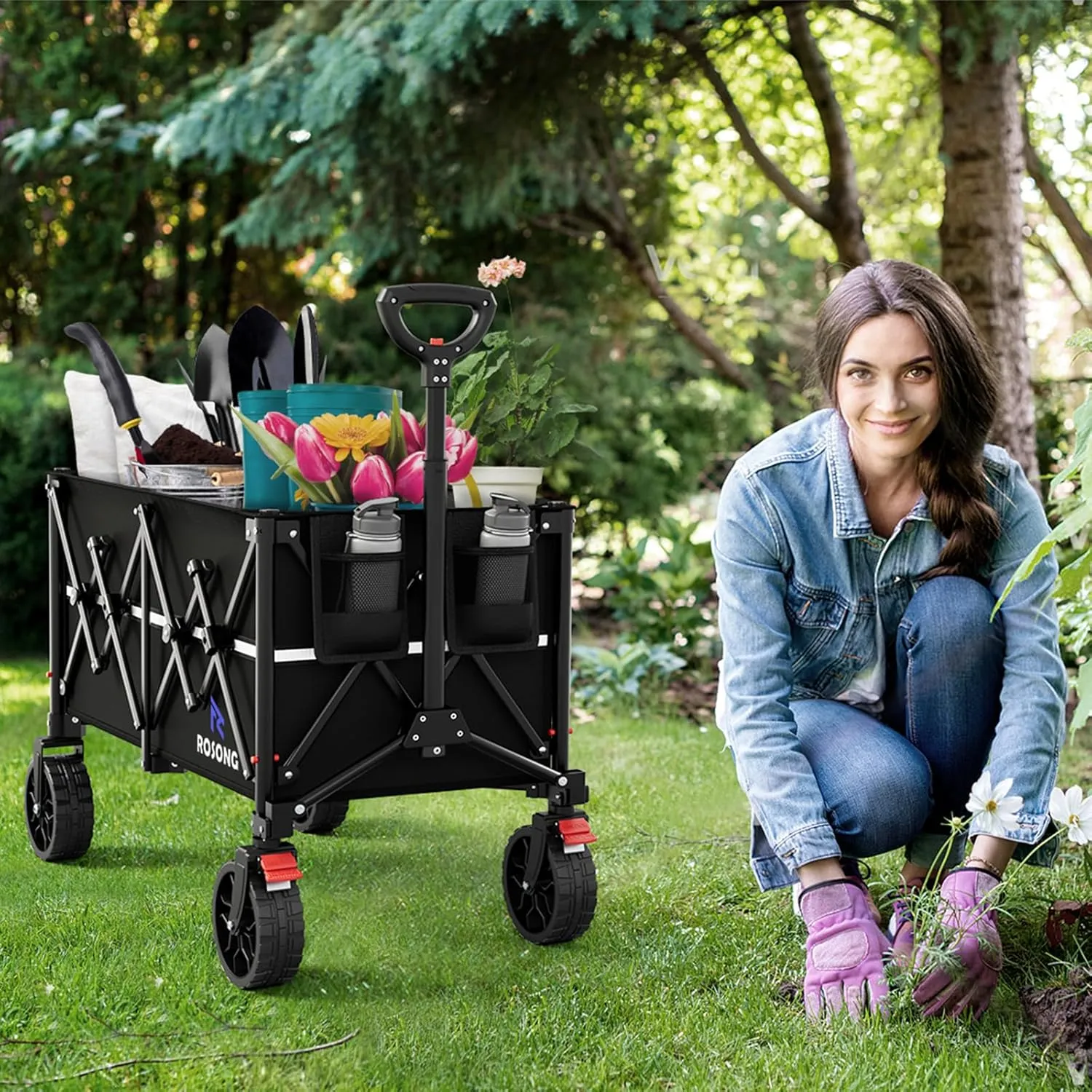 Folding Wagon Cart with Wheels Foldable - Collapsible Wagons Carts Heavy Duty, Fold Up Portable Utility Wagon for Grocery Beach Sports Fishing Camping Shopping Black
