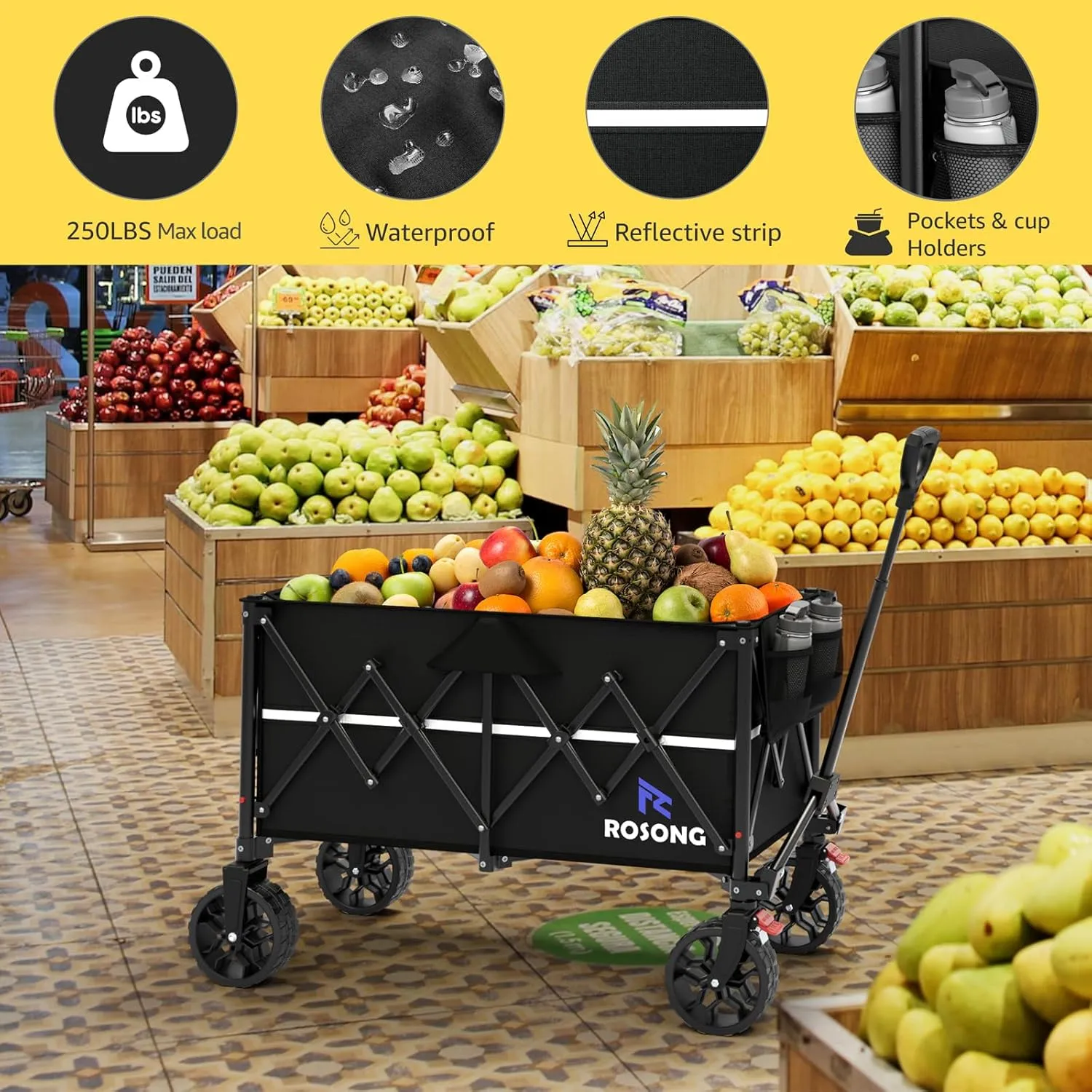 Folding Wagon Cart with Wheels Foldable - Collapsible Wagons Carts Heavy Duty, Fold Up Portable Utility Wagon for Grocery Beach Sports Fishing Camping Shopping Black