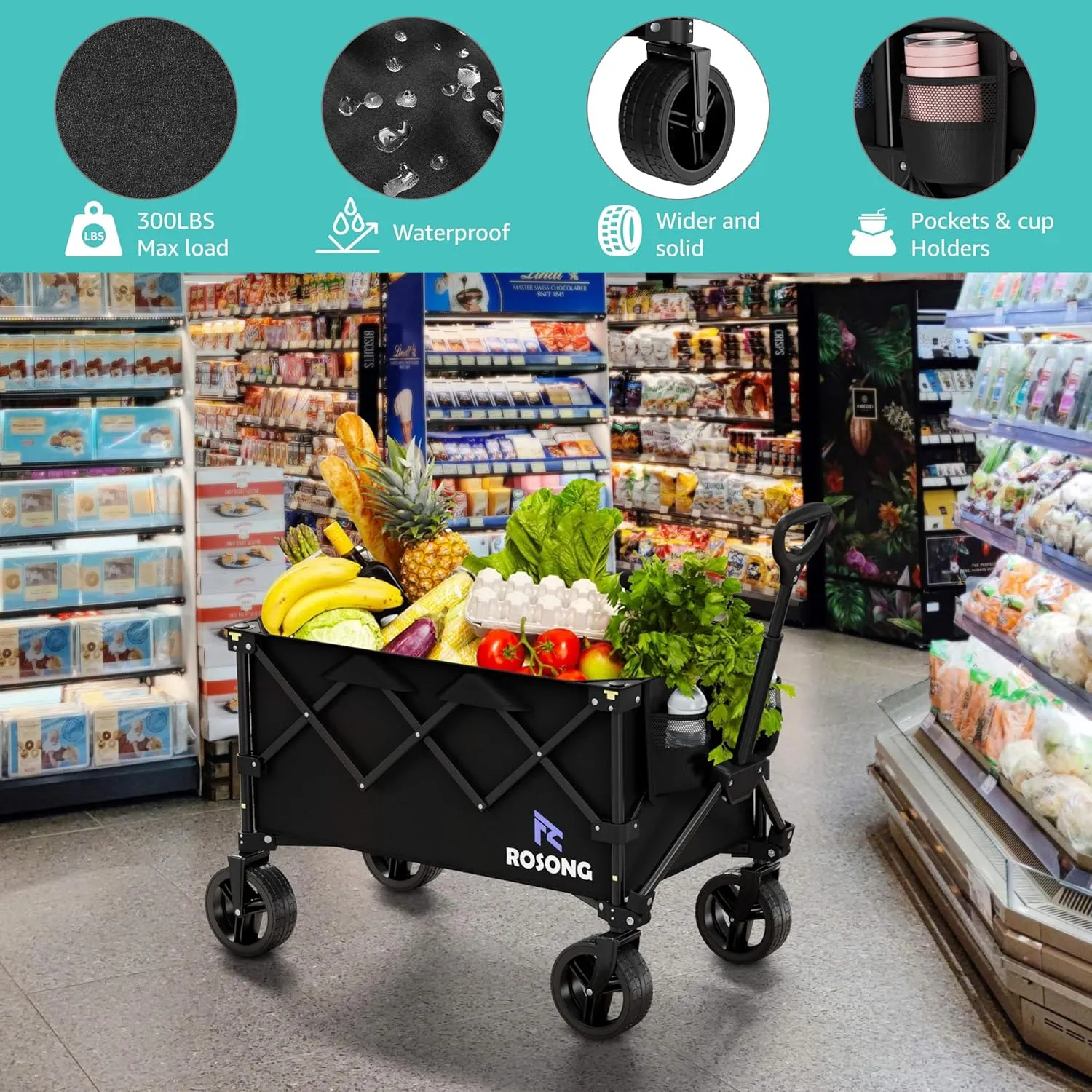 Folding Wagon Cart with Wheels Foldable - Collapsible Wagons Carts Heavy Duty, Fold Up Portable Utility Wagon for Grocery Beach Sports Fishing Camping Shopping, Carrito para Cargar Cosas Con Ruedas