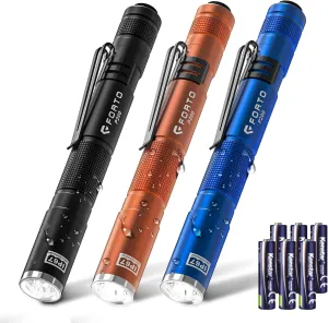 FORTO LED Pen Light, 200 Lumens Pocket Flashlight, IP67 Waterproof, 2 Modes, 2 Pack with AAA Batteries, Lightweight & Durable for Inspection, Medical Use, Emergency(3-Pack Mix)