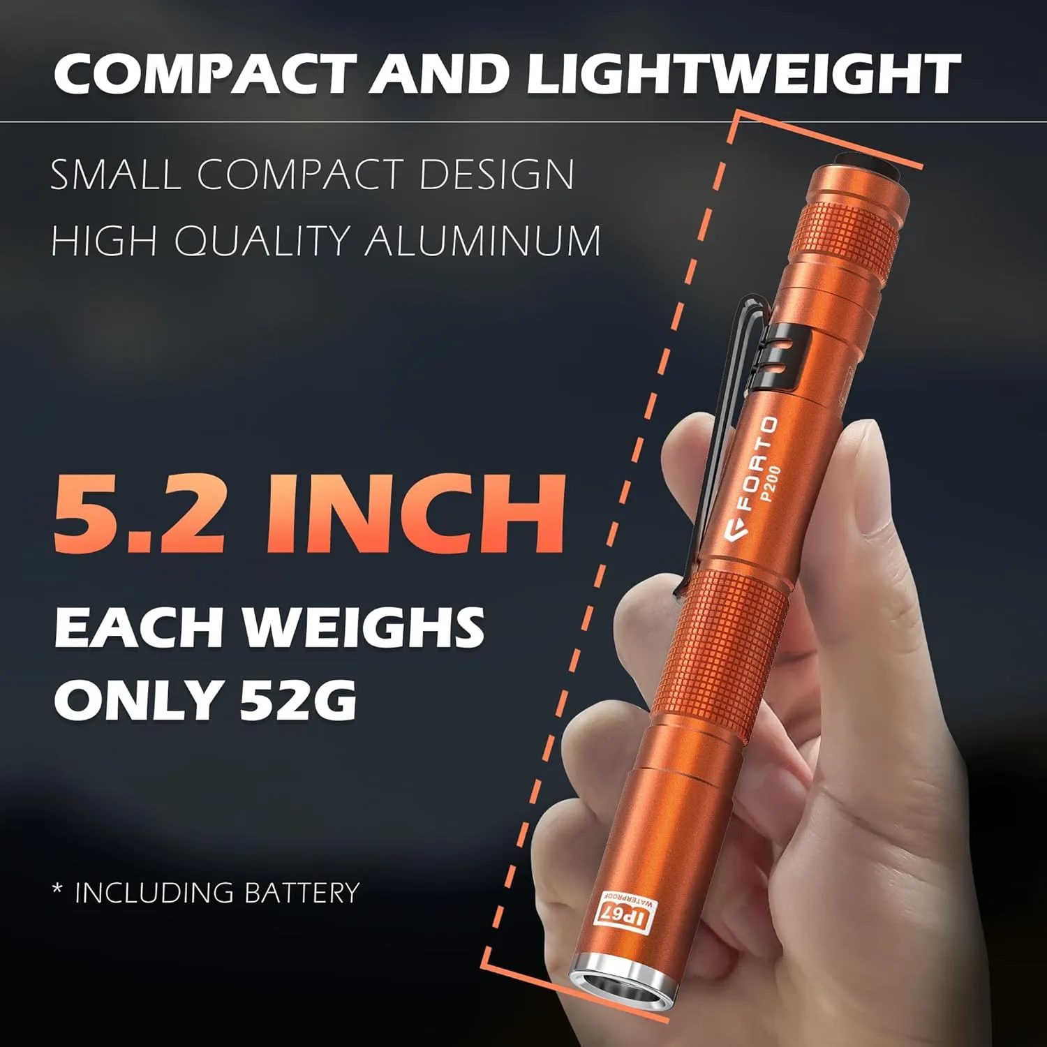 FORTO LED Pen Light, 200 Lumens Pocket Flashlight, IP67 Waterproof, 2 Modes, 2 Pack with AAA Batteries, Lightweight & Durable for Inspection, Medical Use, Emergency(Orange)