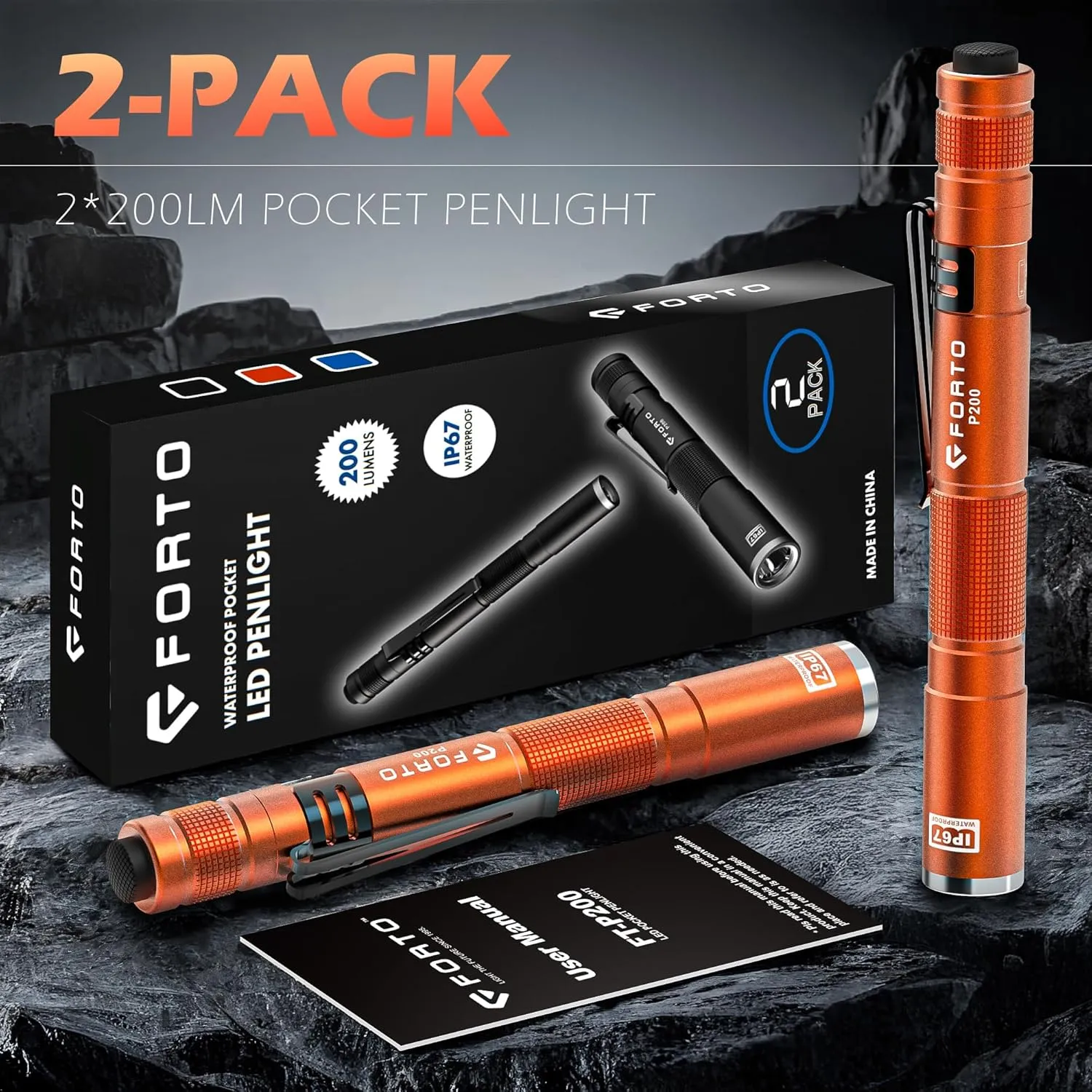 FORTO LED Pen Light, 200 Lumens Pocket Flashlight, IP67 Waterproof, 2 Modes, 2 Pack with AAA Batteries, Lightweight & Durable for Inspection, Medical Use, Emergency(Orange)