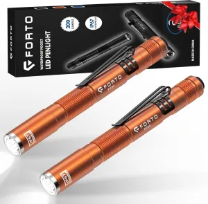 FORTO LED Pen Light, 200 Lumens Pocket Flashlight, IP67 Waterproof, 2 Modes, 2 Pack with AAA Batteries, Lightweight & Durable for Inspection, Medical Use, Emergency(Orange)