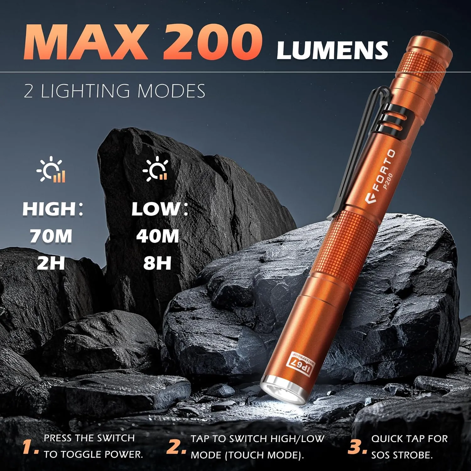 FORTO LED Pen Light, 200 Lumens Pocket Flashlight, IP67 Waterproof, 2 Modes, 2 Pack with AAA Batteries, Lightweight & Durable for Inspection, Medical Use, Emergency(Orange)