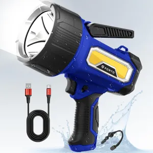 FORTO Rechargeable Spotlight Flashlight with 2000 Lumens, Handheld Spotlight with Foldable Stand, 6 Light Modes IPX7 Waterproof LED Spot Lights Outdoor for Boating Hunting Camping Hiking (Dark Blue)