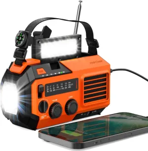 FosPower Emergency Weather Radio (Model A6) NOAA/AM/FM with 19240mWh Portable Power Bank, USB/Solar/Hand Crank Charging, Battery Operated, SOS Alarm & Flashlight for Indoor/Outdoor Emergency - Orange
