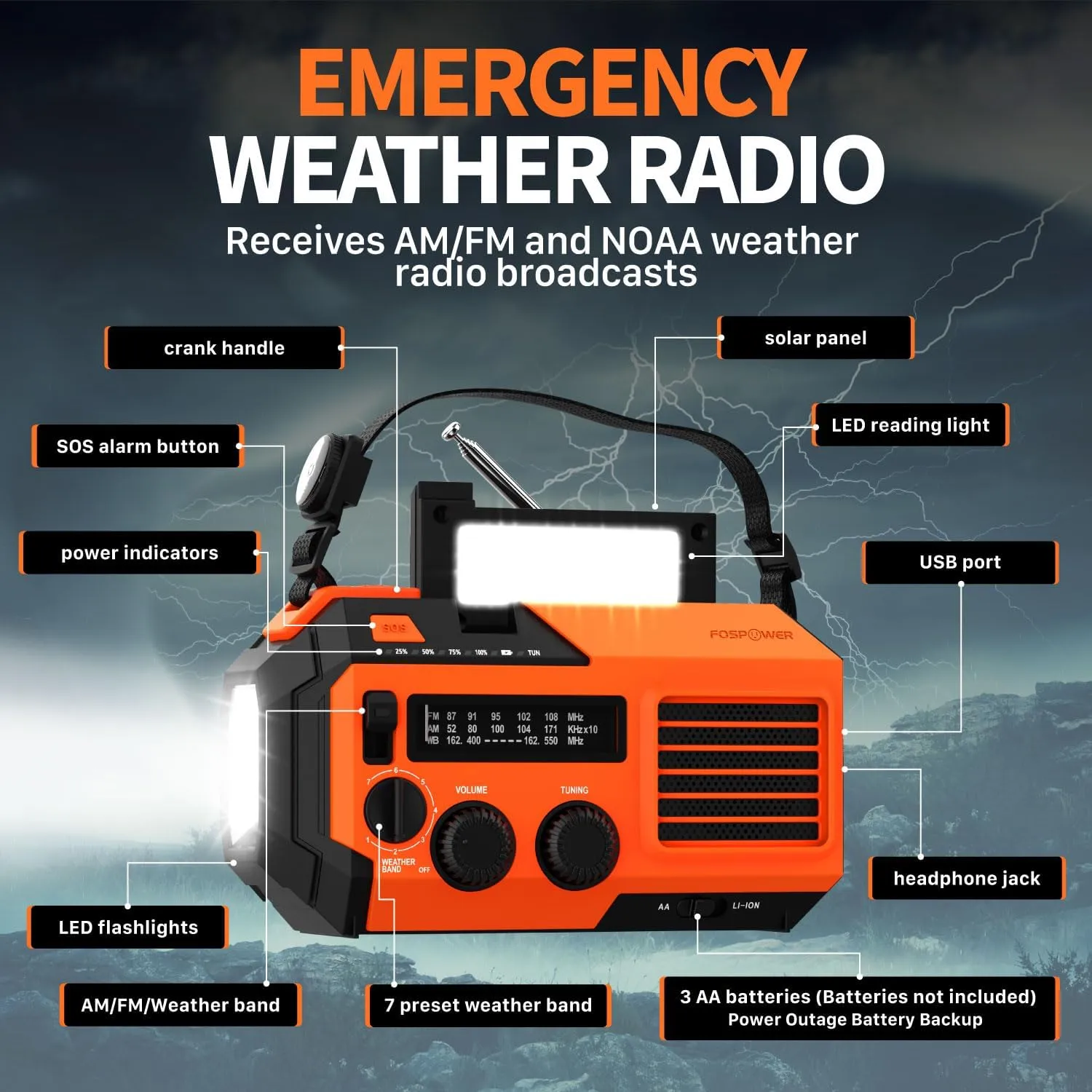 FosPower Emergency Weather Radio (Model A6) NOAA/AM/FM with 19240mWh Portable Power Bank, USB/Solar/Hand Crank Charging, Battery Operated, SOS Alarm & Flashlight for Indoor/Outdoor Emergency - Orange