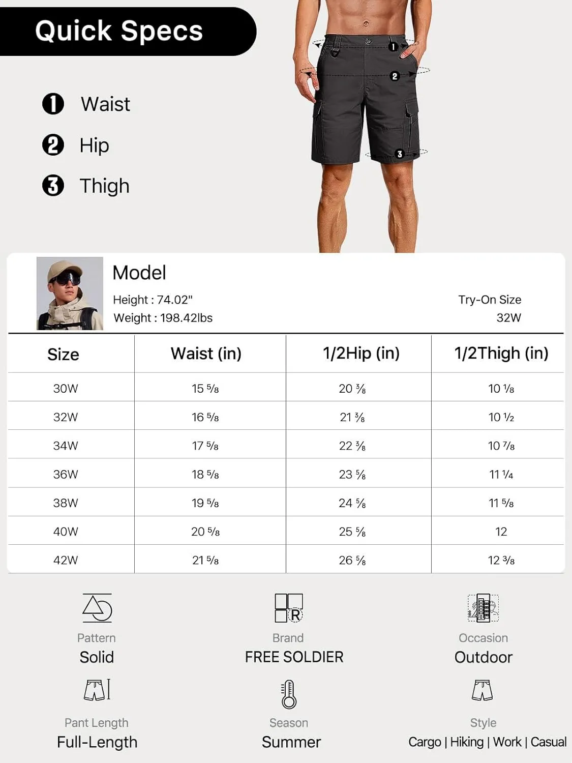 FREE SOLDIER Men's Hiking Cargo Shorts Water Resistant Quick Dry Lightweight Shorts for Hiking Cargo Casual with 10 Pockets
