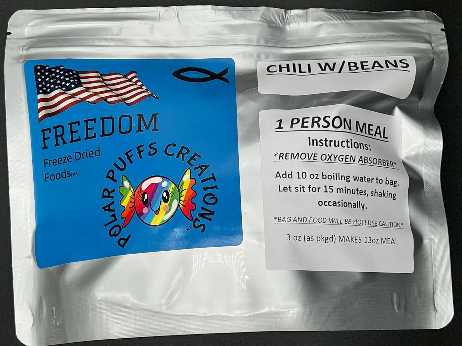 Freedom Freeze-Dried Chili with Beans, BIG PORTION Single Serving Meal, 3 oz packaged, Camping, Hunting, Hiking, Emergency Preparedness, Survival Meals, Prepper, Freeze Dried Food, Easy to Prepare