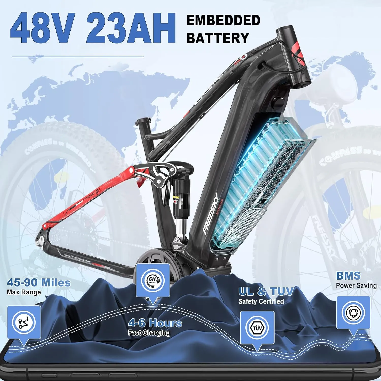 FREESKY Electric Bike for Adults 1500W, 35 MPH Full Suspension Mountain Ebike, 48V 23Ah Long Range Battery Adult Electric Bicycle, 26" Fat Tire Electric Mountain Bike, 7 Speed Hydraulic Disc Brakes