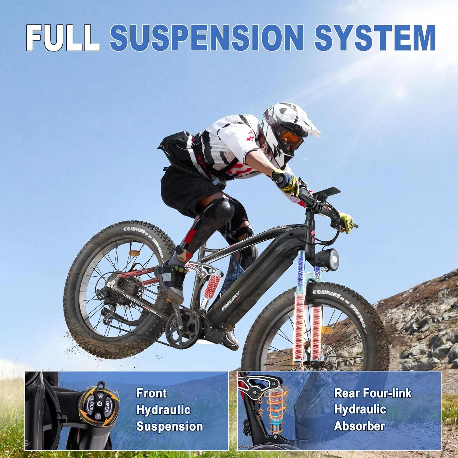FREESKY Electric Bike for Adults 1500W, 35 MPH Full Suspension Mountain Ebike, 48V 23Ah Long Range Battery Adult Electric Bicycle, 26" Fat Tire Electric Mountain Bike, 7 Speed Hydraulic Disc Brakes