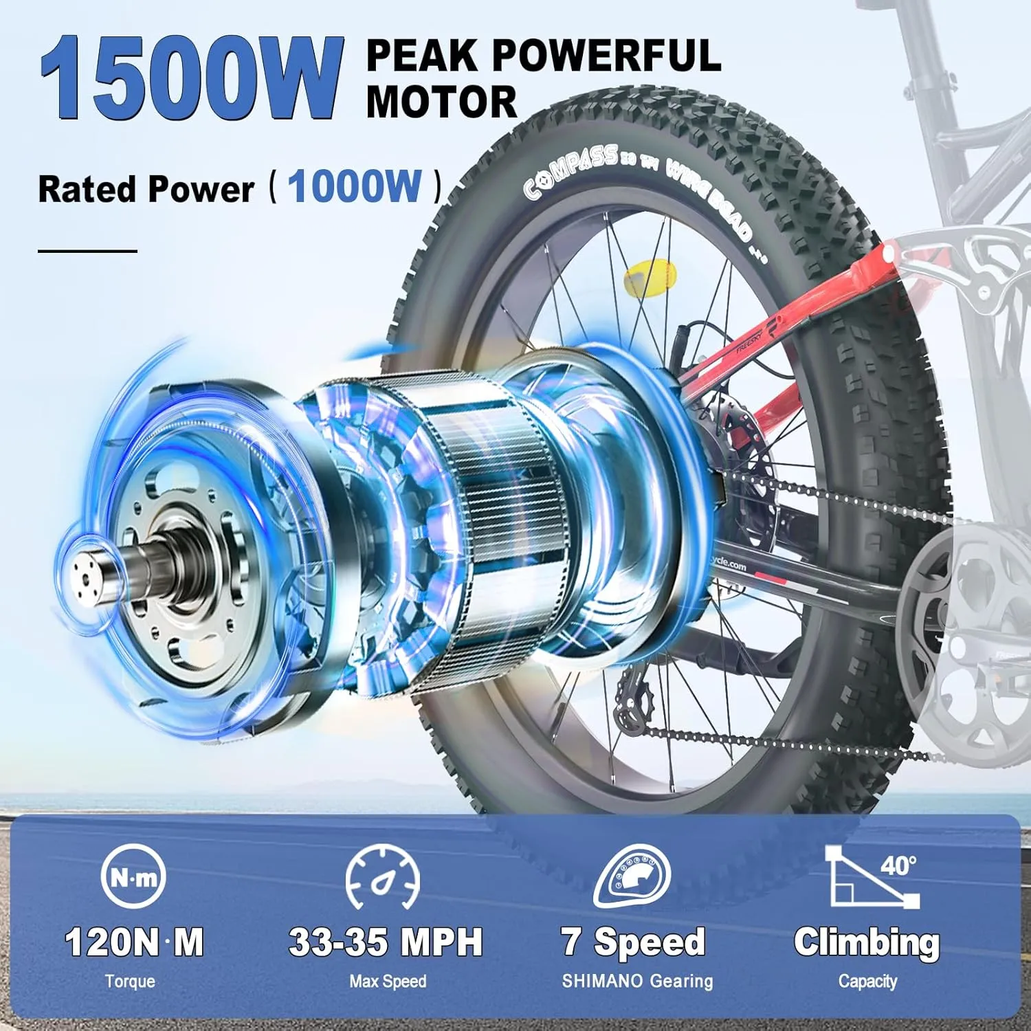 FREESKY Electric Bike for Adults 1500W, 35 MPH Full Suspension Mountain Ebike, 48V 23Ah Long Range Battery Adult Electric Bicycle, 26" Fat Tire Electric Mountain Bike, 7 Speed Hydraulic Disc Brakes
