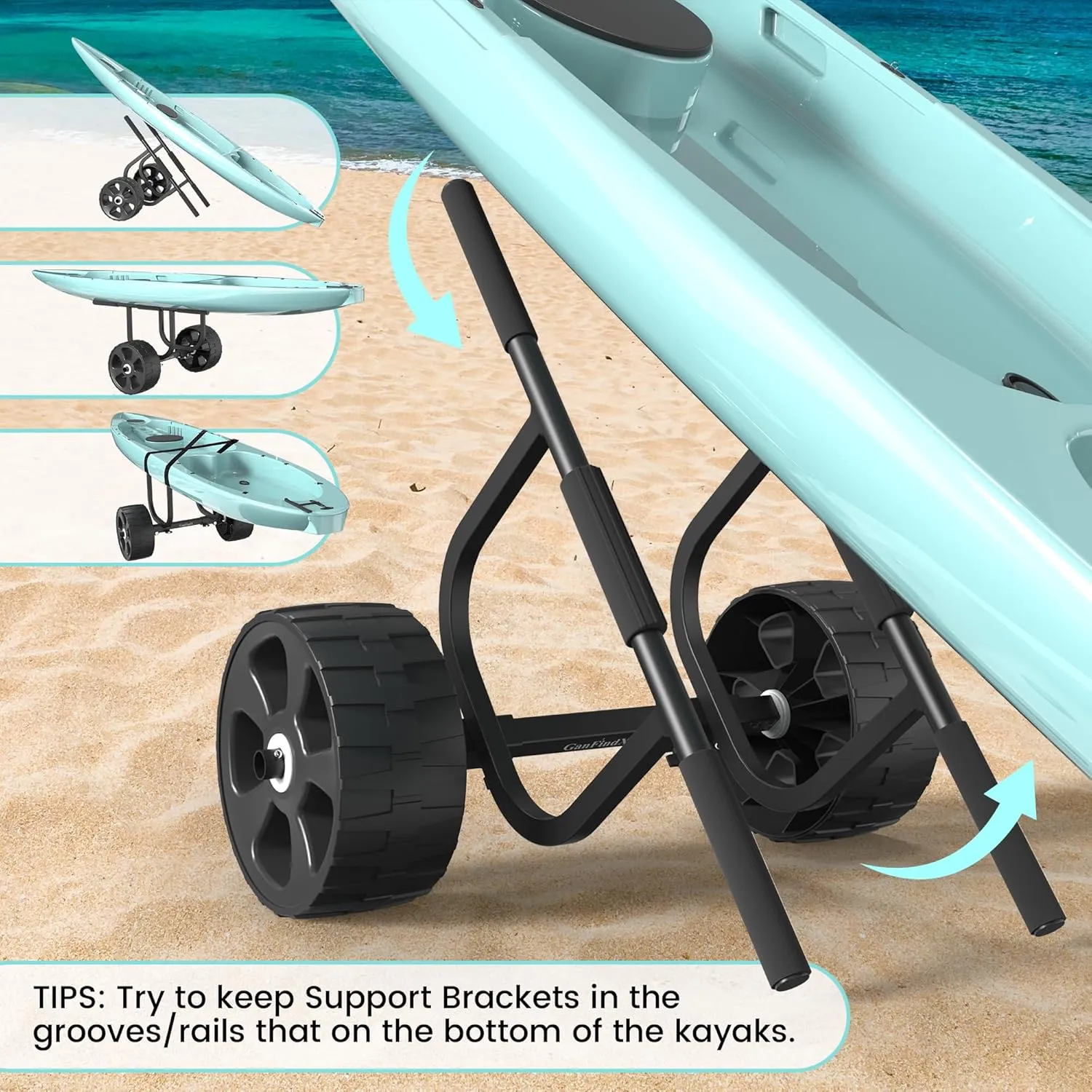 GanFindX Heavy-Duty Aluminum Kayak Cart 8/11" Solid Airless Wheels, 450LBS Weight Capacity, Easy Detachable Assembly & Adjustable Width Kayak Dolly, Suitable for Kayak and Canoe