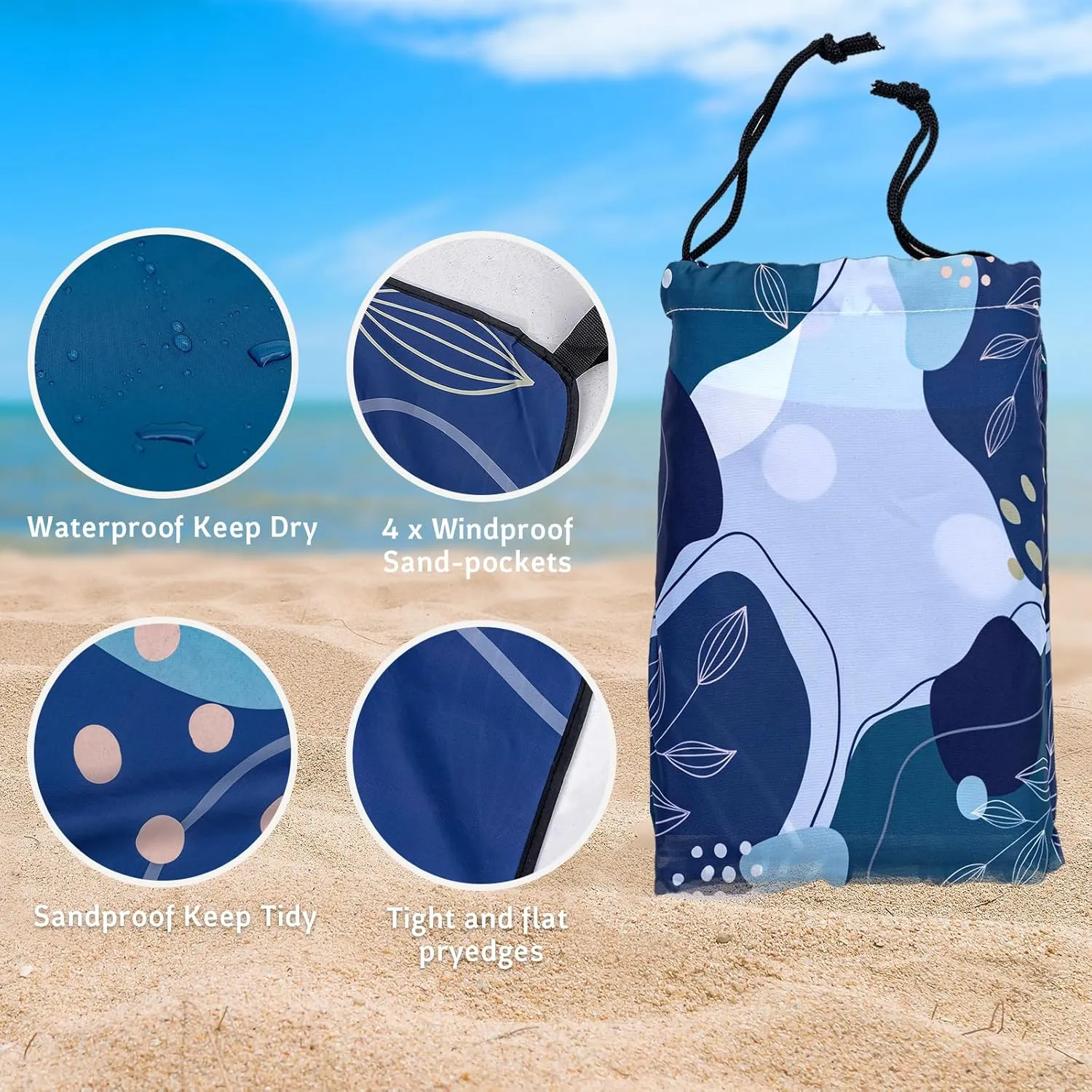 Gealaek Blue Waterproof Sandproof Picnic Beach Blanket, 87x71 Inches, Modern Floral Pattern, Unisex Adult, Summer Camping, Polyester