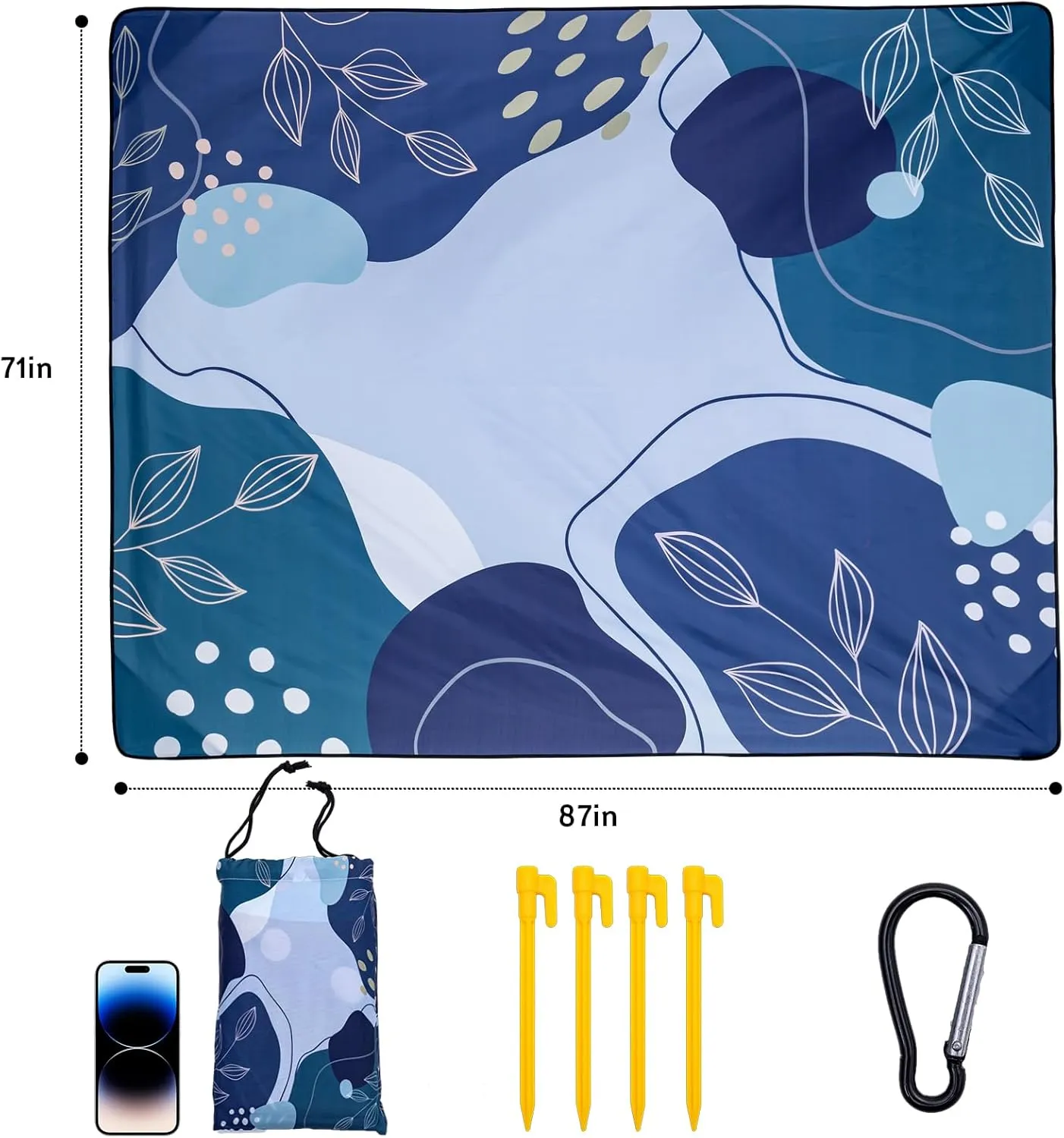 Gealaek Blue Waterproof Sandproof Picnic Beach Blanket, 87x71 Inches, Modern Floral Pattern, Unisex Adult, Summer Camping, Polyester