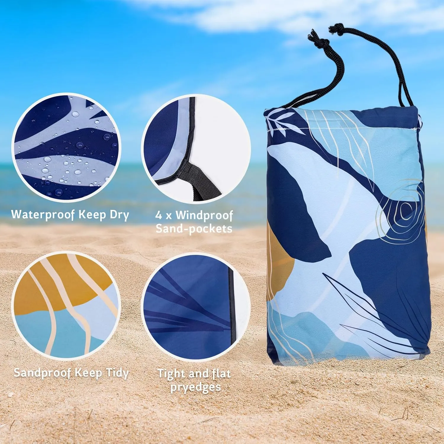 Gealaek Waterproof Picnic Blanket, Sandproof Beach Blanket, 87x71 Inches Extra Large Foldable Outdoor Blanket for Picnic and Beach Activities - Camping Park Travel Abstract Blue 02cth