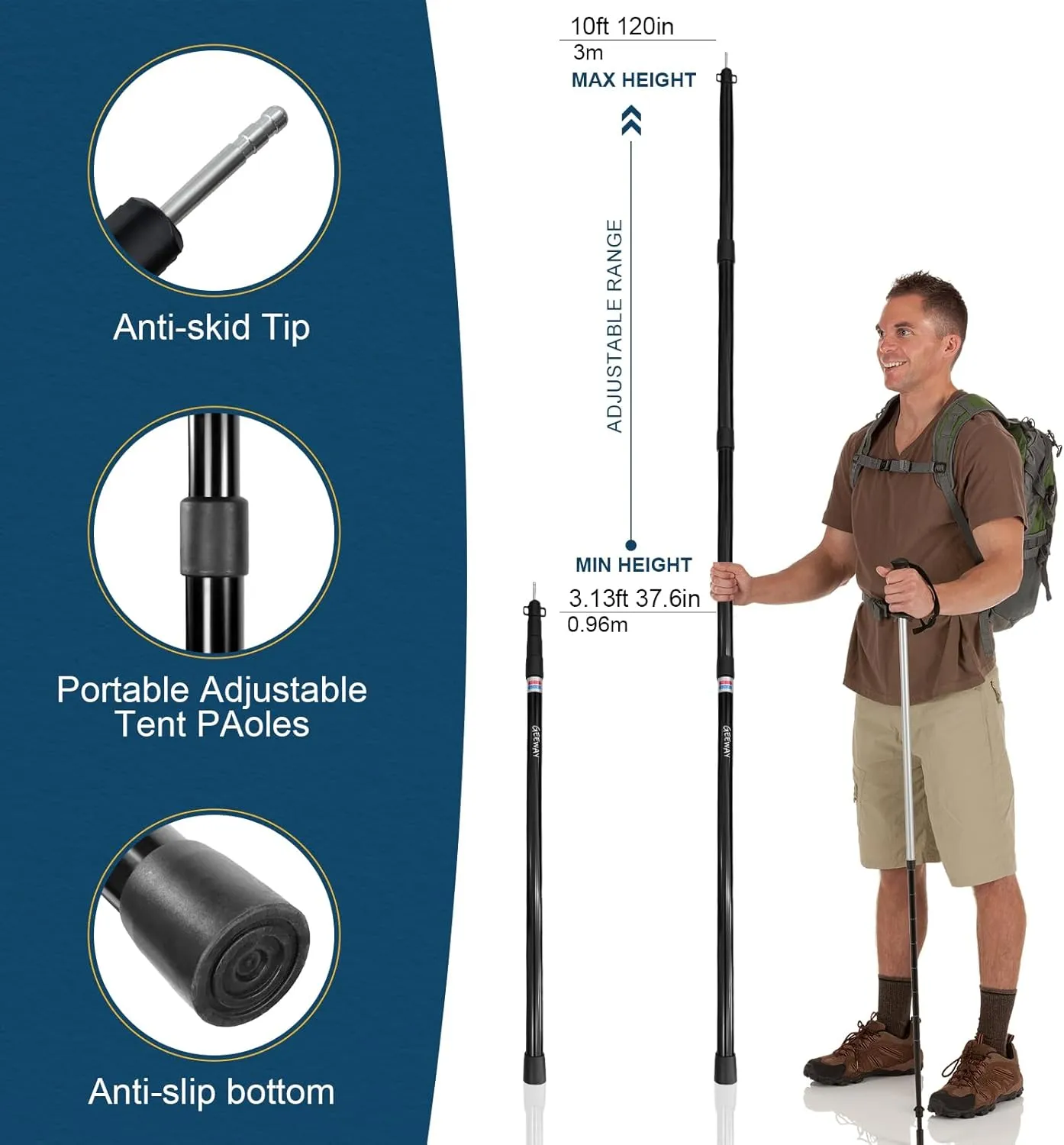 GEEWAY 2 Pcs 120 Inch Tarp Poles for Camping, Heavy Duty Telescoping Tent Pole, Aluminum Adjustable Tent Poles for Outdoor Activity, Wilderness Adventure and RV Travel (Black)