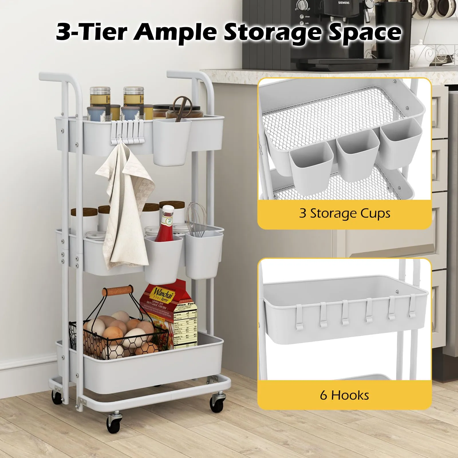 Giantex 3-Tier Rolling Cart, Folding Storage Cart w/ 3 Hanging Cups & 6 Hooks